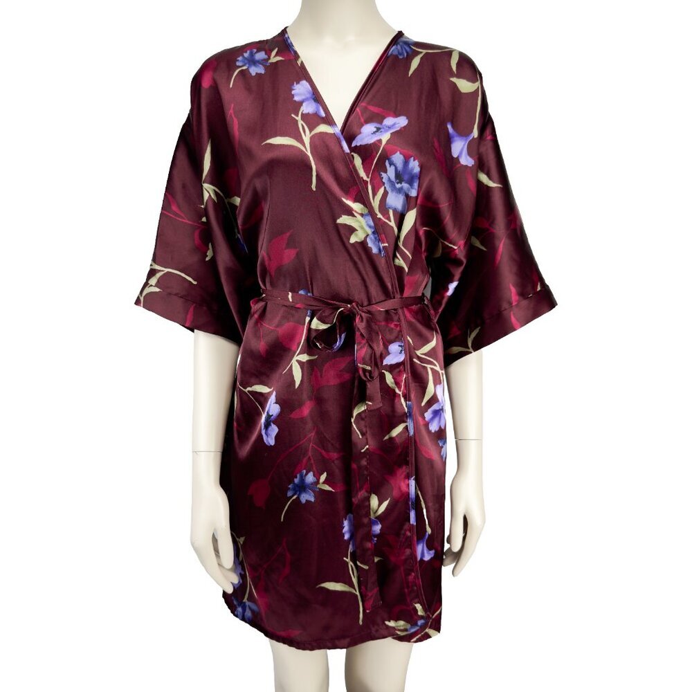 FASHION BUG Floral Red Kimono Robe Satin Knees Long Burgundy Color sz M